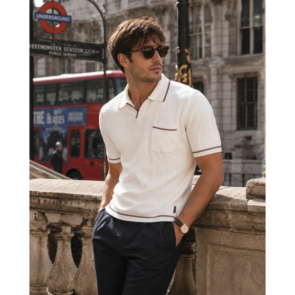 Ben Sherman White Drop Needle Knit Polo Sweater XL Mod Retro Tennis Core Shirt